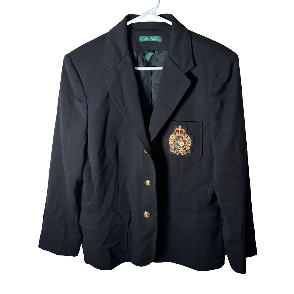 Lauren Ralph Lauren Blazer Women's 14 Black Crested Gold Button Wool Jacket